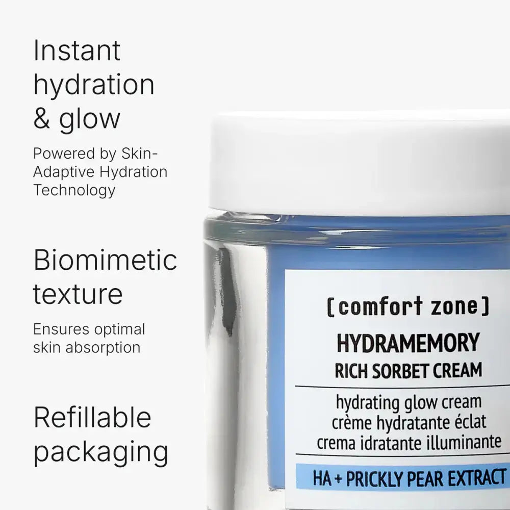 Hydrating cream bottle with text highlighting features on a white background