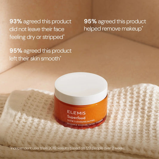 Elemis Superfood Juice Cleansing Butter in an orange jar with a white lid, resting on a textured cream knit blanket. The image includes user trial text results on a warm beige background.