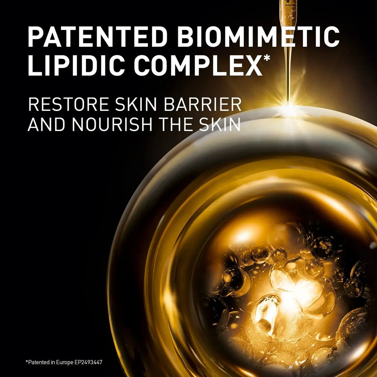 Patented biomimetic lipidic complex with droplet and dark background