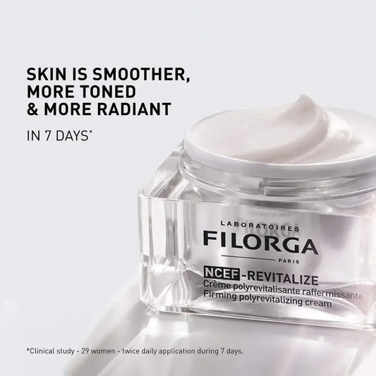 FILORGA NCEF-REVITALIZE cream jar with text on a light gray background