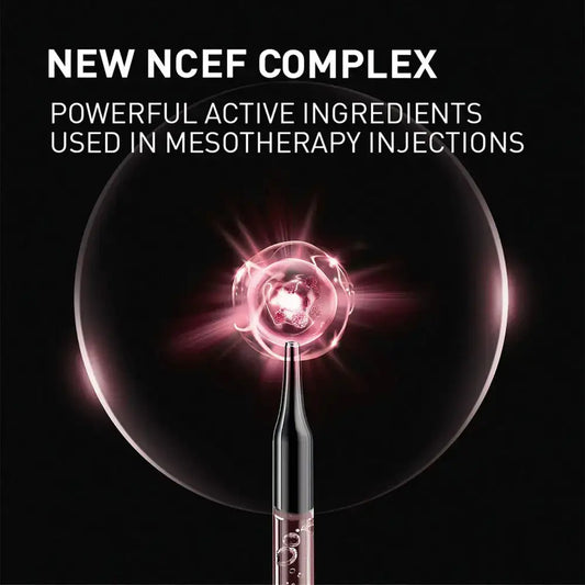 Intravenous needle with a glowing effect and text about NCEF Complex on a black background