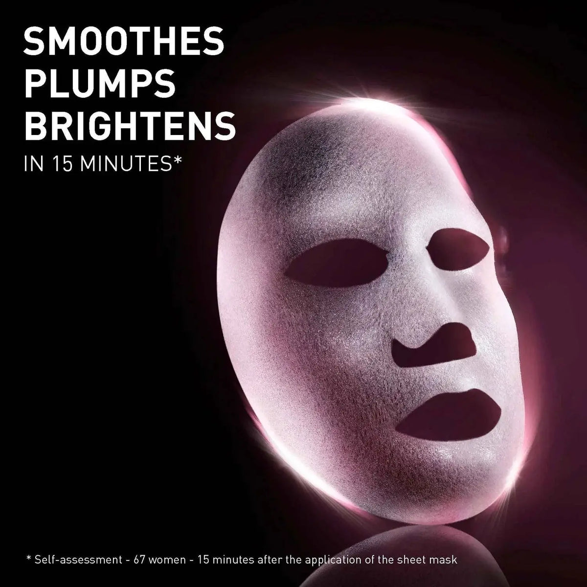 Facial mask with text indicating benefits and time-saving aspect on a dark background