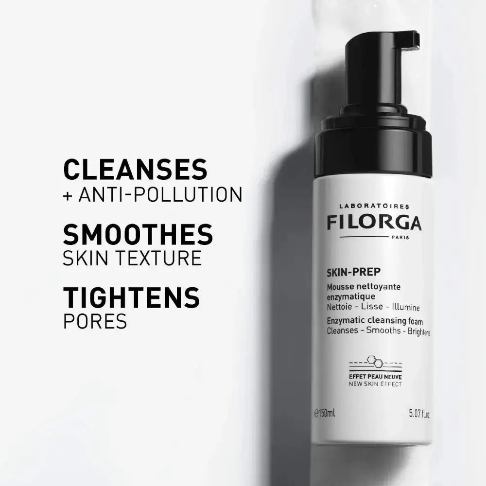 Filorga Skin-Prep enzymatic cleansing foam in a white pump bottle with a black cap, shown next to text highlighting its benefits: cleanses, smooths skin texture, and tightens pores.