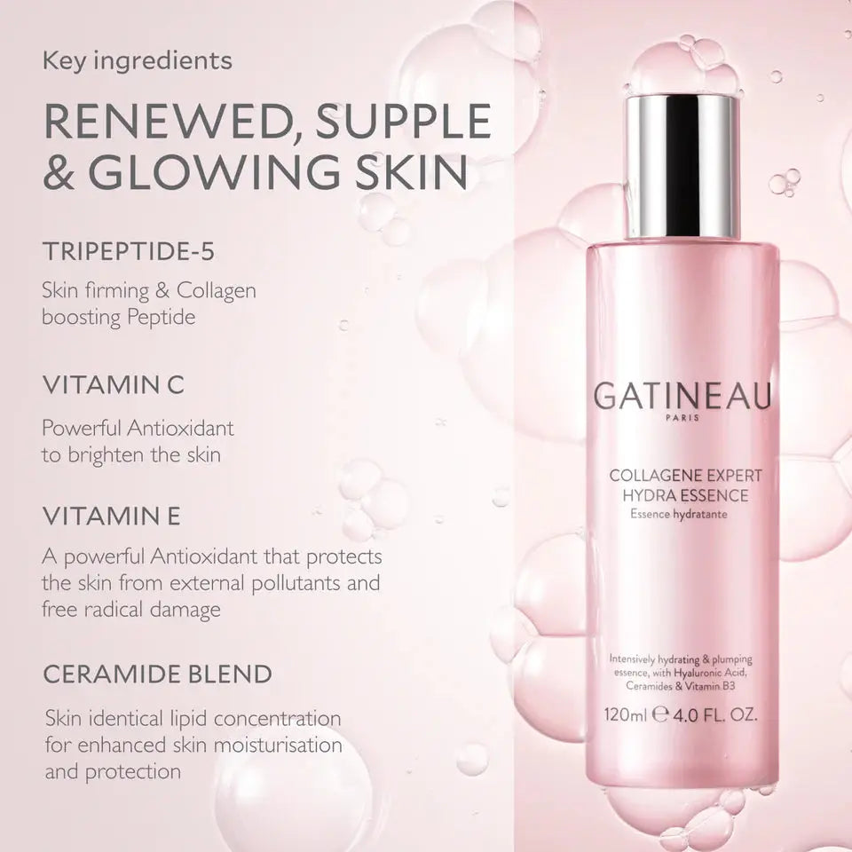 Gatineau Collagen Expert Hydra Essence skincare bottle in soft pink with a silver cap, shown beside key ingredients text on a pale pink background with bubble graphics.