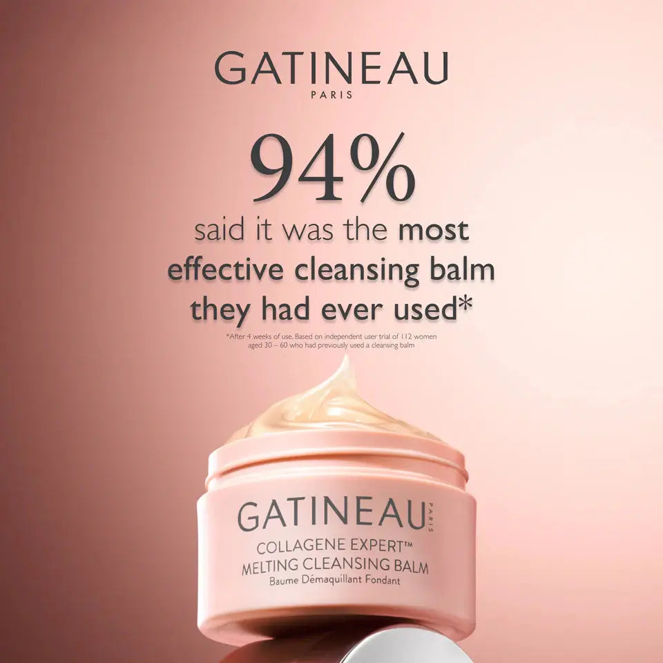 Gatineau cleansing balm jar with text on a pink background