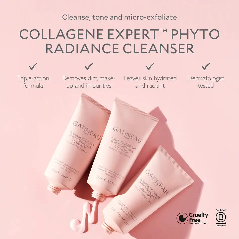 Three pink tubes of Gatineau Collagen Expert Phyto Radiance Cleanser arranged on a soft pink background with marketing text above and certification logos in the lower right.
