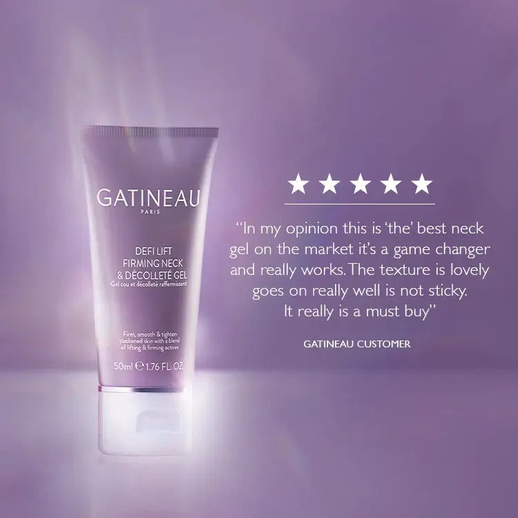 Gatineau Defi Lift Firming Neck gel in a lavender squeeze tube, shown against a matching purple gradient background with a glowing effect at the base and a customer review quote with five stars on the right.