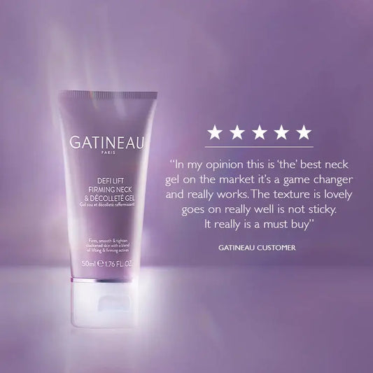 Gatineau Defi Lift Firming Neck gel in a lavender squeeze tube, shown against a matching purple gradient background with a glowing effect at the base and a customer review quote with five stars on the right.