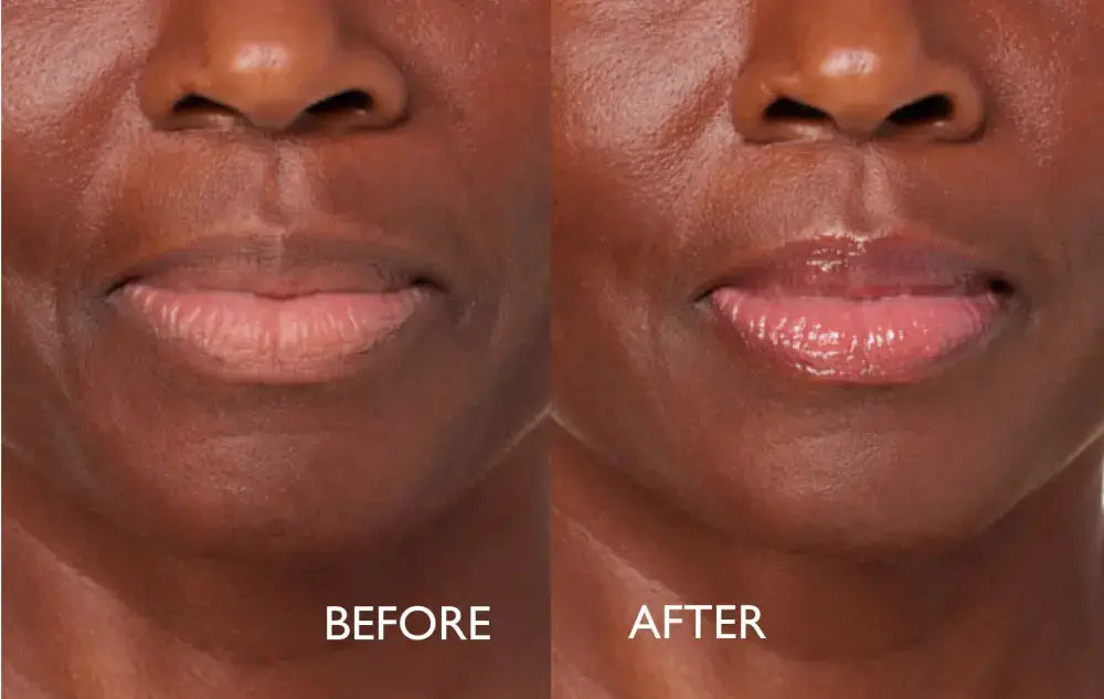 Close-up before-and-after comparison of a person's lower face and lips, showing a lip tint or makeup application. The left side is labeled BEFORE and shows natural lips, while the right side is labeled AFTER and shows a glossy pink lip color.