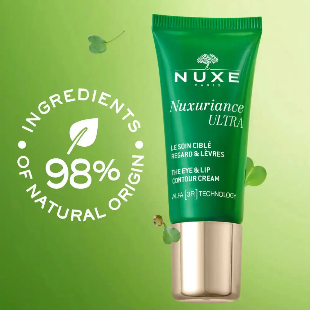 Nuxe Paris Nuxuriance Ultra The Eye & Lip Contour Cream in a green squeeze tube with a metallic silver cap, set against a green gradient background with a '98% Ingredients of Natural Origin' badge.