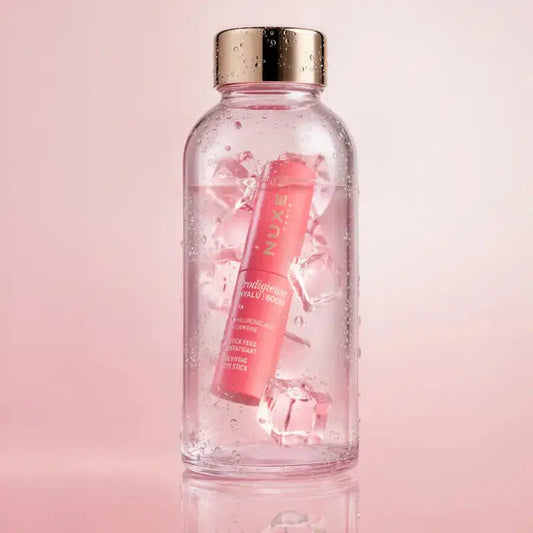 A clear glass bottle with a metallic gold cap, filled with ice and pink liquid, featuring a pink tube of NUXE Radiance Lip Balm floating inside. The bottle is centered against a soft pink background with a subtle reflection at the bottom.