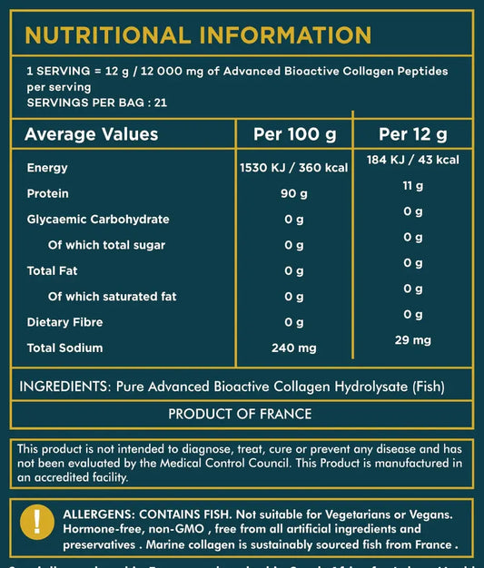 Nutritional information label for Advanced Bioactive Collagen Peptides on a dark green background