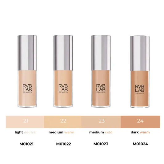 Four bottles of RVB Lab foundation with color swatches below on a white background