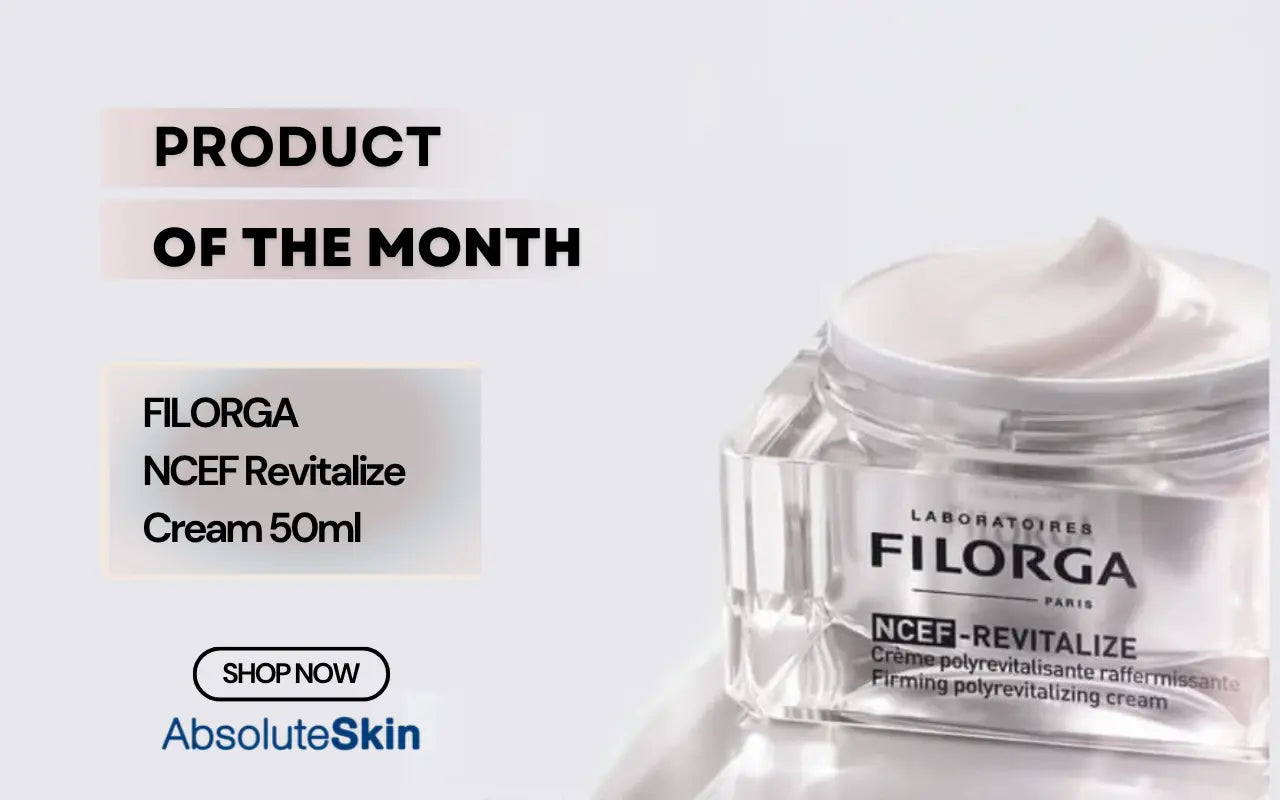 Filorga NCEF Revitalize Cream 50ml jar with promotional text on a light gray background