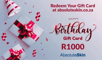 Load image into Gallery viewer, Gift card with red bow and confetti, redeemable at absoluteskin.co.za, for Absolute Skin birthday gift card R1000.
