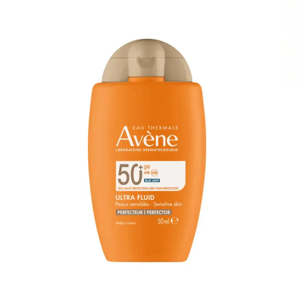 Avene sun protection cream bottle with SPF 50 on a white background