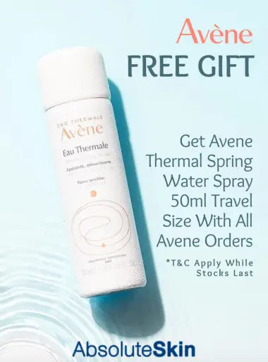 A promotional ad for Avene Eau Thermale spray showing a white 50ml travel-size spray bottle on a light blue background with text offering a free gift with all Avene orders. AbsoluteSkin branding appears at the bottom.