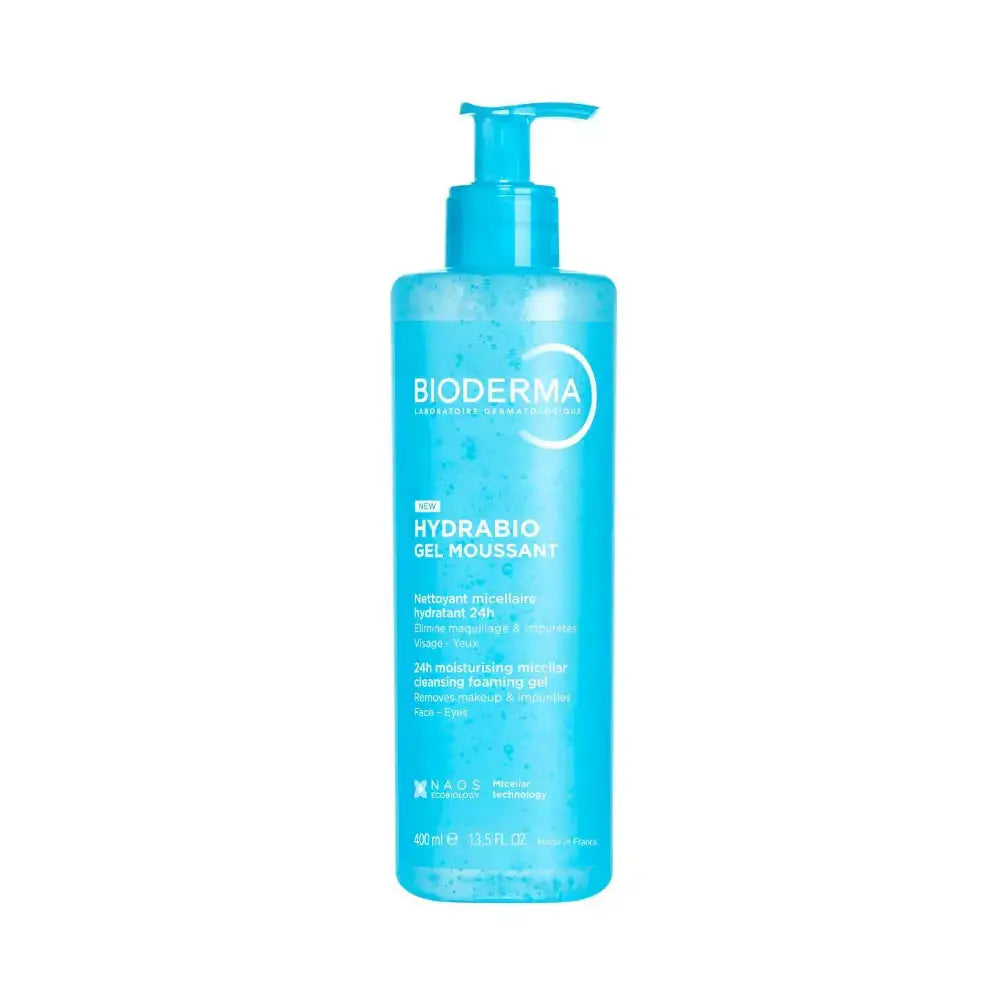 A bottle of Bioderma Hydrabio Gel Moussant, a 350 ml pump bottle of moisturizing foam, shown on a plain white background.