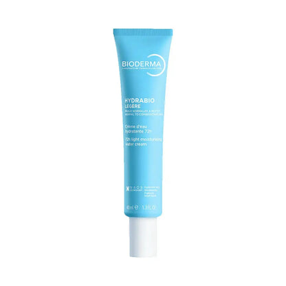 Bioderma Hydrabio Leçre 7th light moisturizing water cream in a light blue squeeze tube with a white cap, centered on a plain white background.