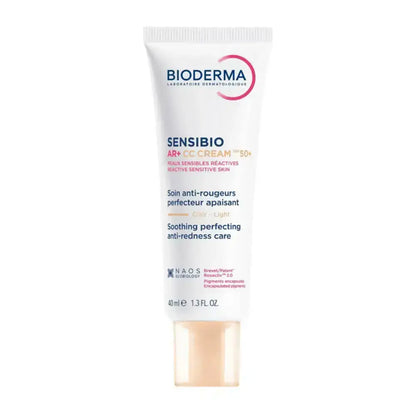 Bioderma Sensibio AR+ Cream 50+ sensitive skin cream in a white squeeze tube with a beige cap, shown on a plain white background.