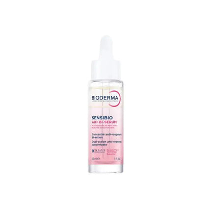Bioderma Sensibio AR+ BI-Serum serum in a clear dropper bottle with a white cap, showing a light pink liquid inside, on a solid white background.