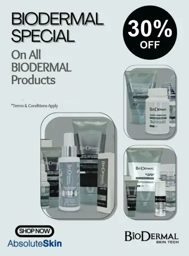 Advertisement for Biodermal skincare products with a 30% off special offer on a gray background.