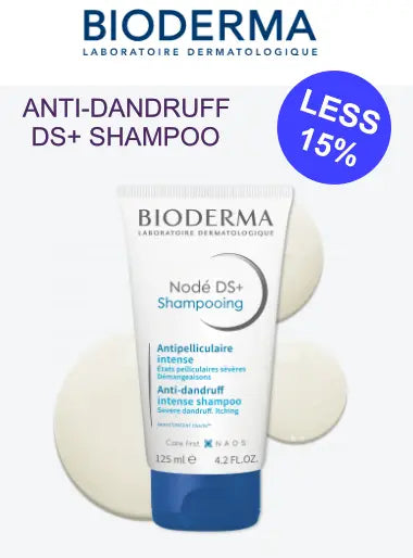 Bioderma Anti-Dandruff DS+ Shampoo tube centered on a white background with promotional text and a blue 'Less 15%' badge. The product tube is white with blue and gray text and a blue cap.