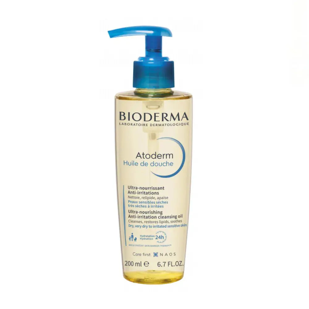 Bioderma Atoderm shower oil bottle with blue pump on a white background