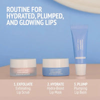 Load image into Gallery viewer, Lip care products with a blue background and text describing a lip care routine.
