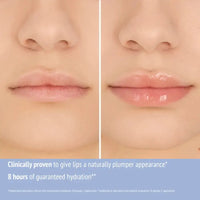 Load image into Gallery viewer, Before and after comparison of lips with text about lip product benefits
