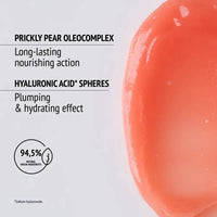 Load image into Gallery viewer, Product label with text about Prickly Pear Oleocomplex and Hyaluronic Acid spheres on a white background.
