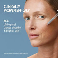 Load image into Gallery viewer, Woman applying skincare product with text about clinical proven efficacy on a blue background
