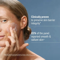 Load image into Gallery viewer, Woman applying cream to her face with text about skin barrier integrity and smooth skin.
