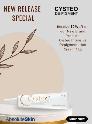 Cysteo Intensive Depigmentation Cream packaging with promotional text on a light background
