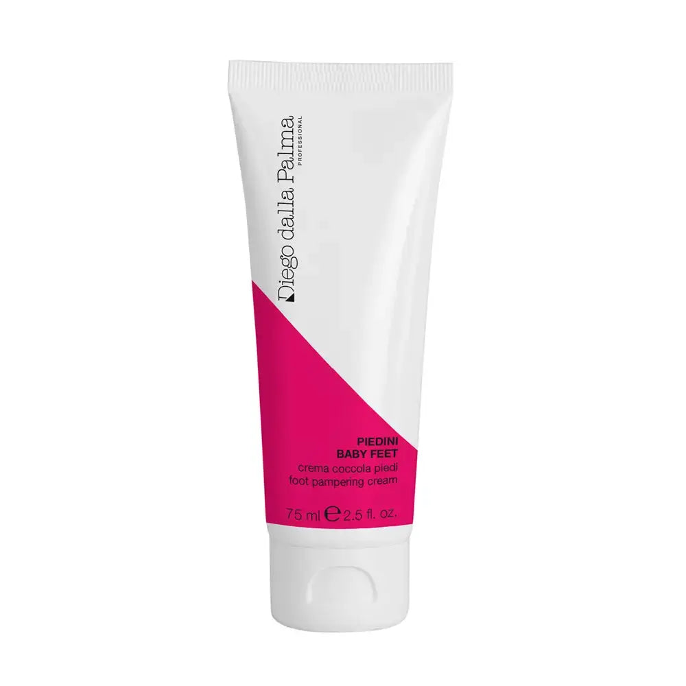 Tube of cream with a pink and white design on a white background