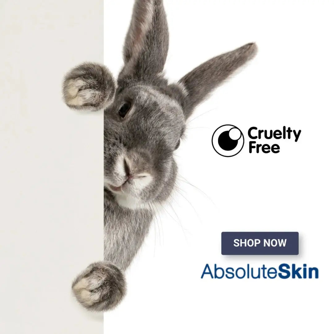 Gray rabbit peeking from behind a white panel with 'Cruelty Free' and 'AbsoluteSkin' branding.