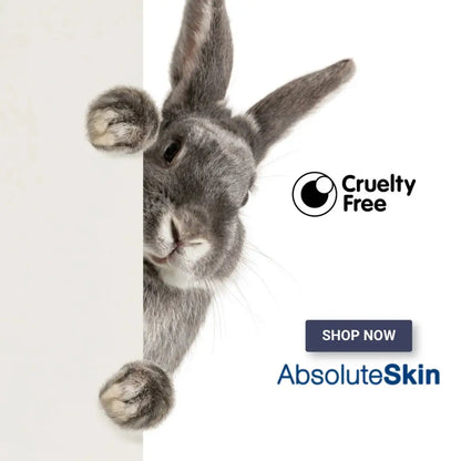 Gray rabbit peeking from behind a white panel with 'Cruelty Free' and 'AbsoluteSkin' branding.