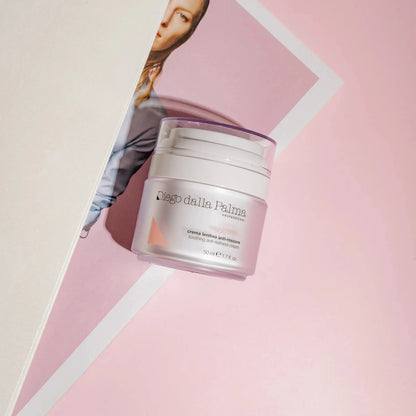 Skincare jar with 'Diego Dalla Palma' branding on a pink geometric background