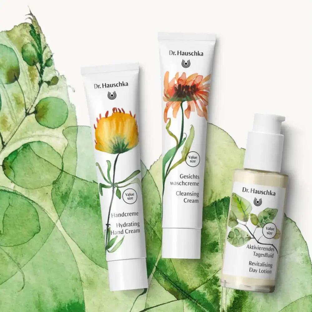 Dr. Hauschka skincare products with floral designs on a green leaf background