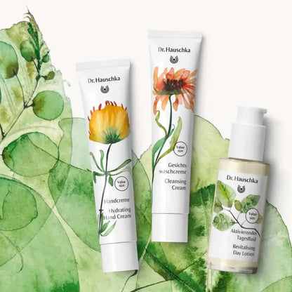 Dr. Hauschka skincare products with floral designs on a green leaf background
