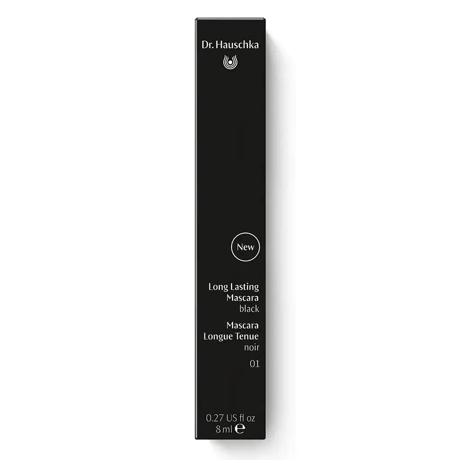 A slim black rectangular box for Dr. Hauschka Long Lasting Mascara in shade 01 Black, shown against a plain white background.