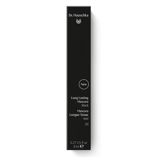 A slim black rectangular box for Dr. Hauschka Long Lasting Mascara in shade 01 Black, shown against a plain white background.