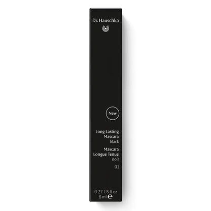 A slim black rectangular box for Dr. Hauschka Long Lasting Mascara in shade 01 Black, shown against a plain white background.