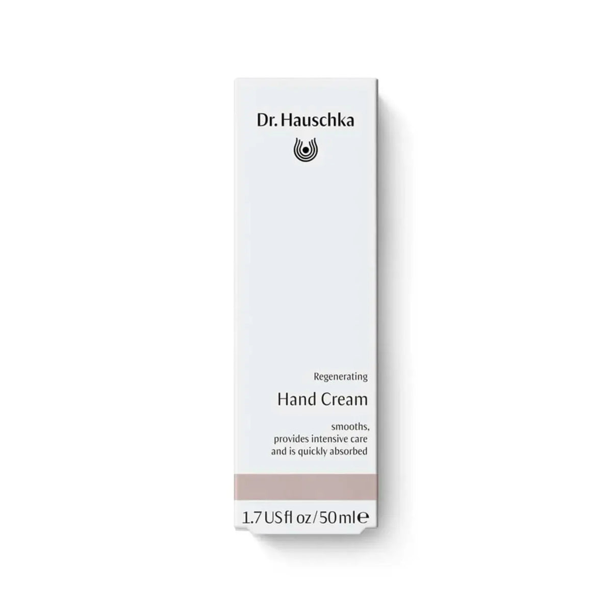 A tall, narrow white box for Dr. Hauschka Regenerating Hand Cream, featuring black text and a small black logo, with a light taupe band near the bottom, set against a clean white background.