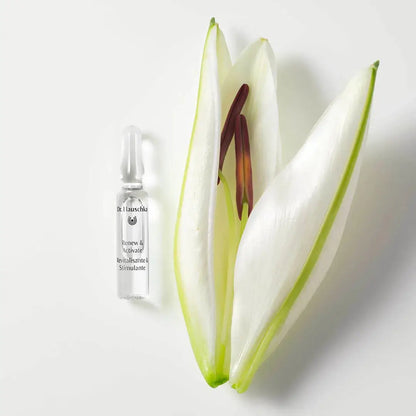 Skincare serum bottle next to a white flower on a light background