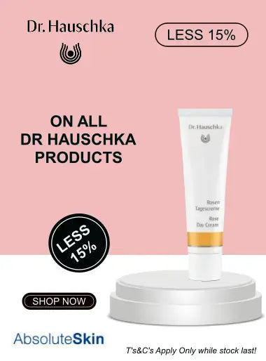 Dr. Hauschka skincare product with promotional text on a pink background