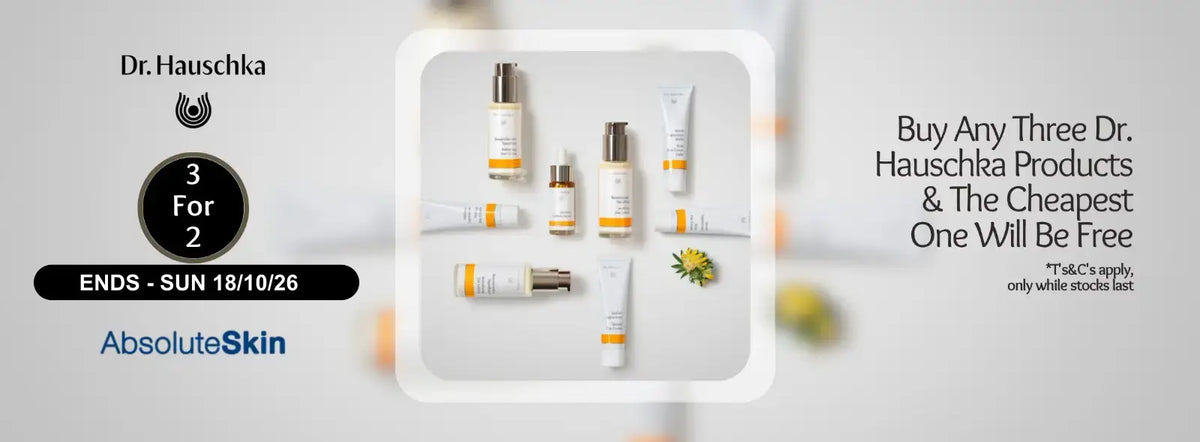 Promotional banner for Dr. Hauschka skincare products by AbsoluteSkin, featuring a central white rounded square with several Dr.