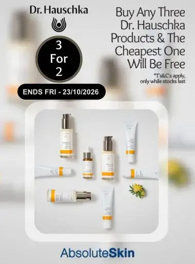 Promotional graphic for Dr. Hauschka skincare products by AbsoluteSkin, featuring a 3-for-2 offer with text overlays and a central collage of various Dr.
