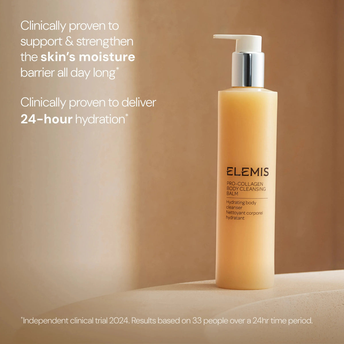 Elemis Pro-Collagen Body Cleansing Balm in a translucent beige pump bottle with a white pump and silver collar, set against a warm beige background with promotional text on the left.