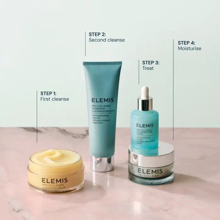 Elemis skincare products with step-by-step instructions on a light background